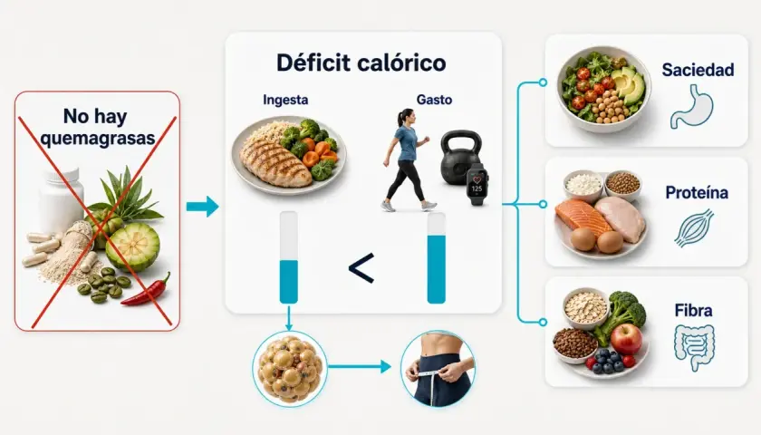 Ilustración sobre déficit calórico: ingesta menor que gasto, promoviendo saciedad, proteína y fibra.