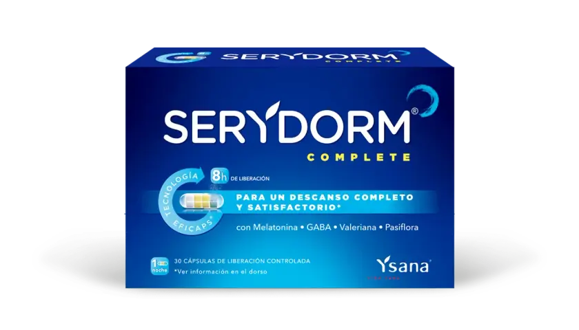 Caja de Serydorm Complete, con Melatonina, GABA y Valeriana para un descanso.