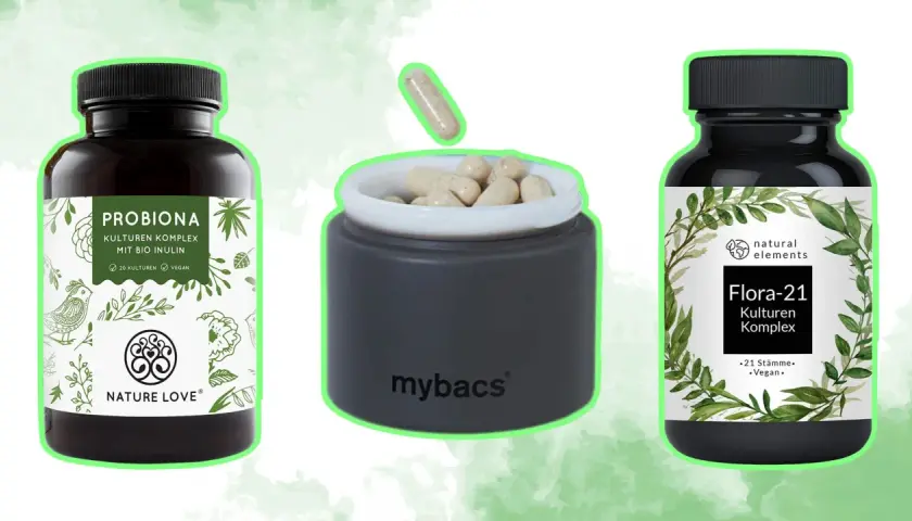 Tres frascos de probióticos y cápsulas. Descubre cuándo tomar probióticos para tu bienestar.