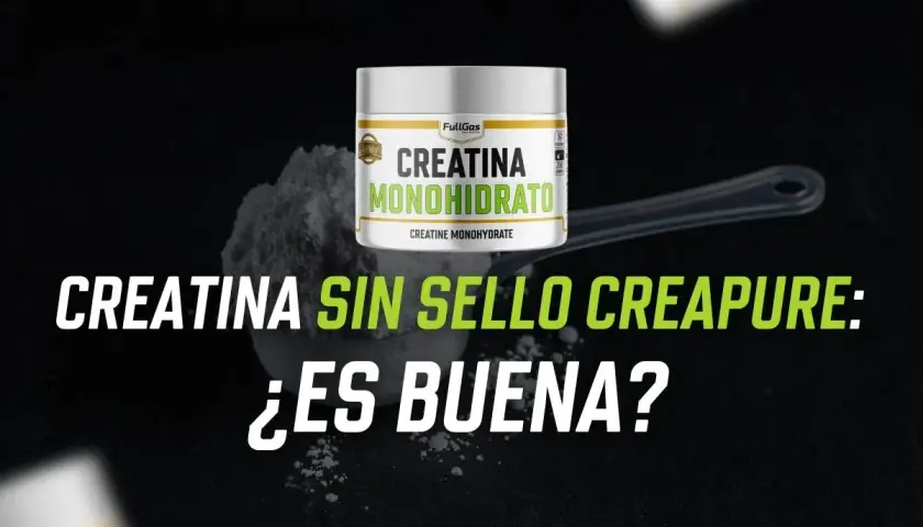 Un envase de creatina monohidrato en polvo sobre una cuchara. Texto: "Creatina sin sello Creapure: ¿es buena?".