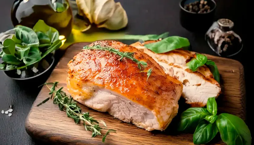 Jugosa carne de pavo asada, dorada y tierna, servida con hierbas frescas y especias.