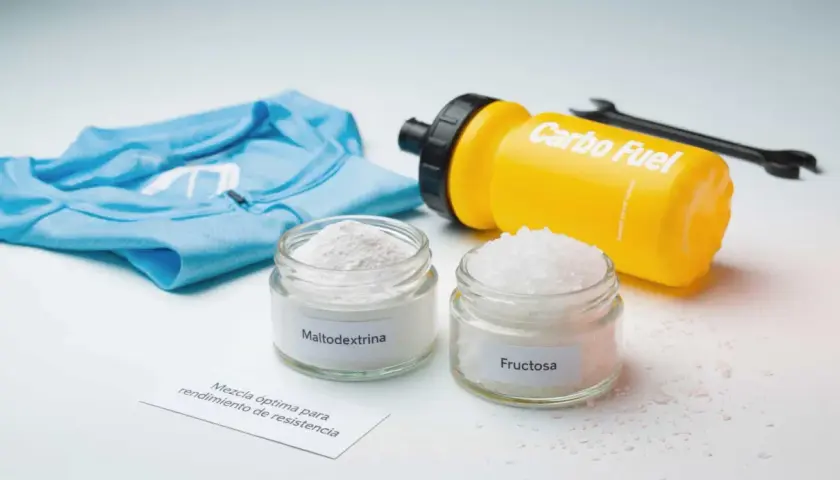 Dos frascos con maltodextrina y fructosa, junto a una camiseta azul y un bidón amarillo "Carbo Fuel". La maltodextrina es malo para tu rendimiento.