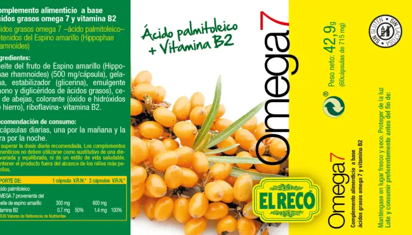 Aceite de espino amarillo, fuente de omega 7, en cápsulas con vitamina B2. El producto "Omega 7" de El Reco.