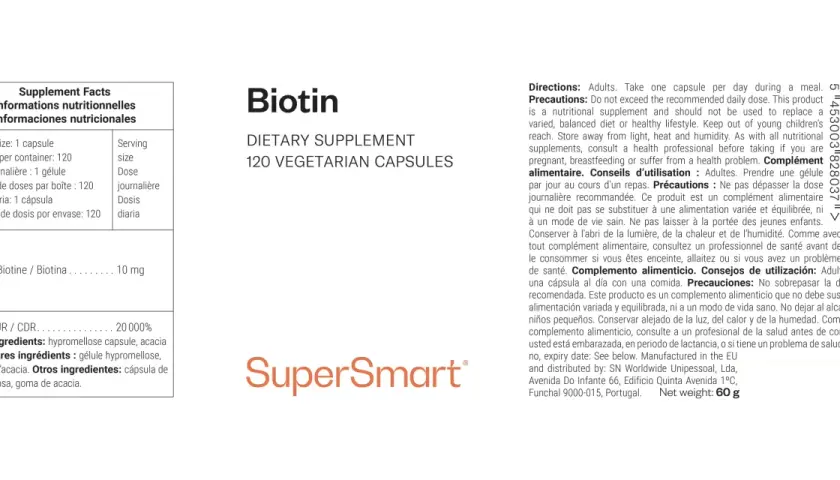 Suplemento de biotina (vitamina B7) en cápsulas vegetarianas. Ideal para quienes buscan alimentos que aporten esta vitamina.