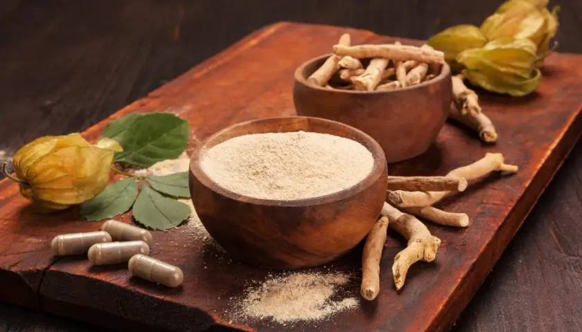 Raíces, polvo y cápsulas de ashwagandha. Considera las ashwagandha contraindicaciones antes de su uso.