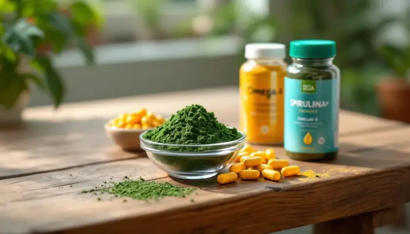 Suplementos veganos para engordar: espirulina en polvo, cápsulas de omega y otros.