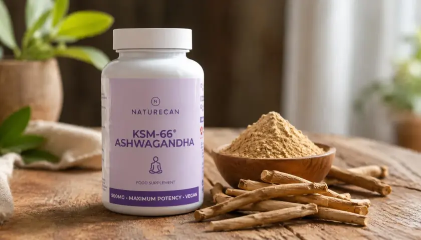 Frasco de KSM-66 Ashwagandha, polvo y raíces en un tazón de madera. Aprende como tomar ashwagandha para tu bienestar.