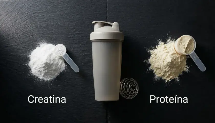 Montaje de creatina y proteína en polvo junto a un shaker. Ideal para tus entrenamientos.