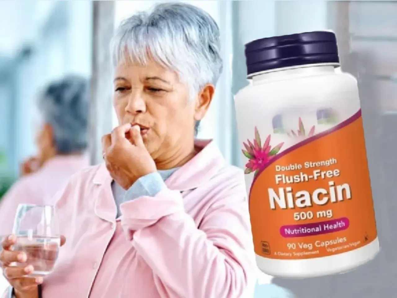 Mujer mayor toma una pastilla de niacina, que es vitamina B3 para que sirve en la salud nutricional.