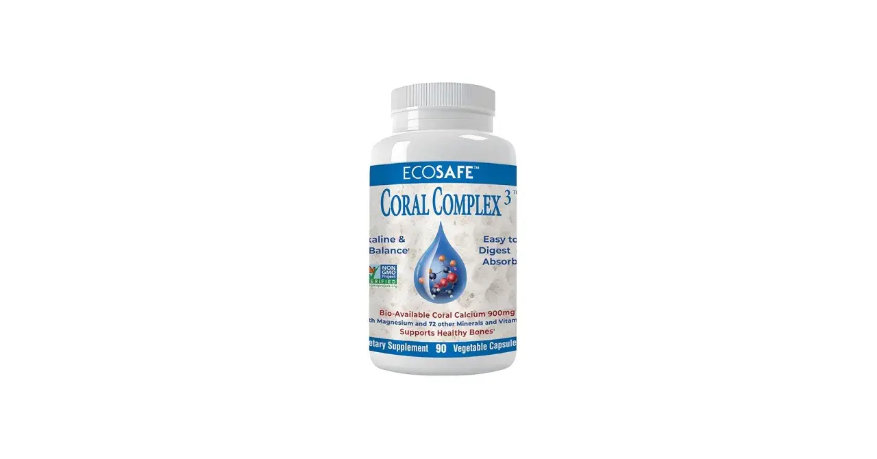 Bote de suplemento Coral Complex con calcio de coral. Sus beneficios y contraindicaciones son clave para la salud ósea.