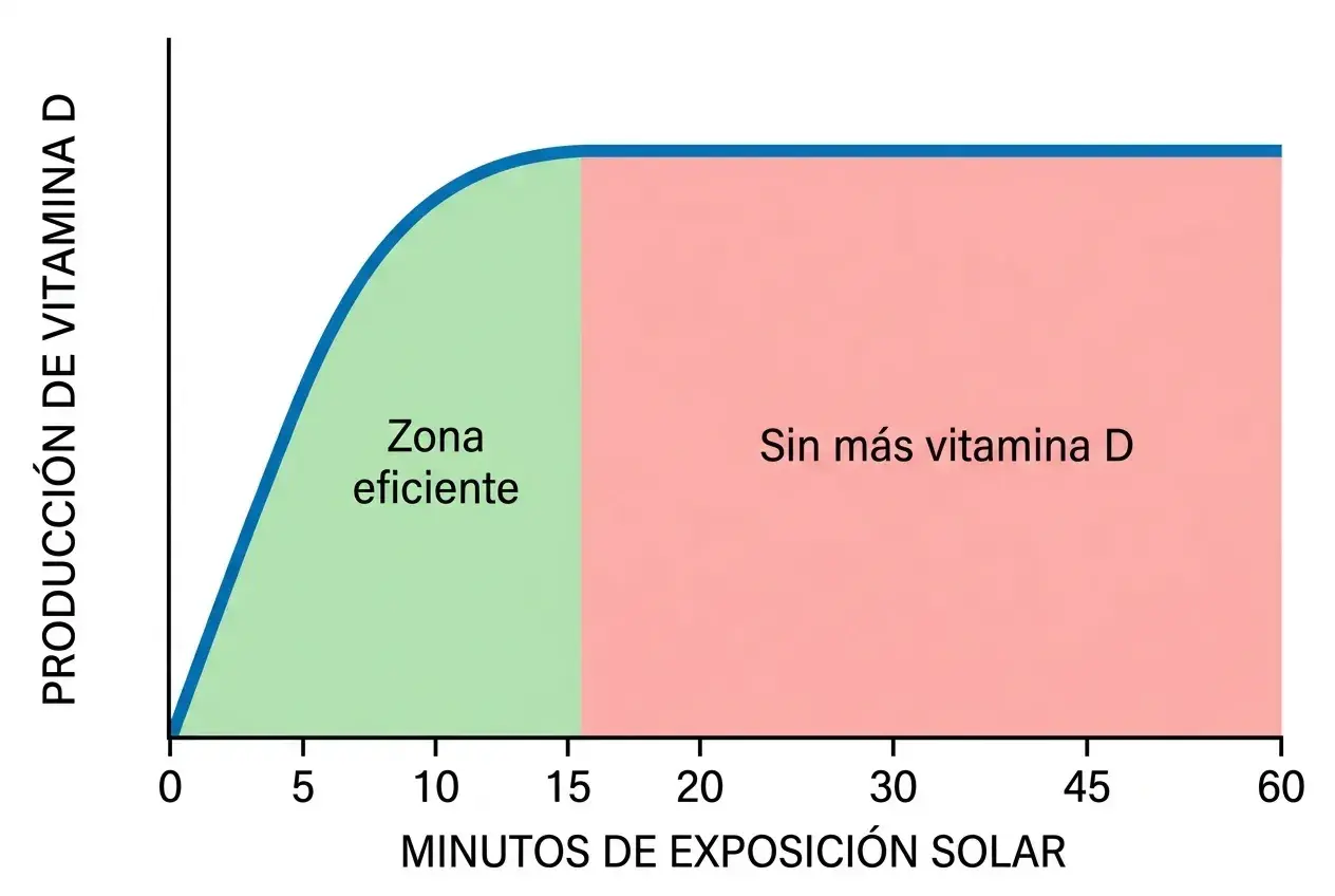 Gráfico muestra cómo tomar vitamina D: la producción es eficiente hasta los 15 minutos de sol, luego se satura.