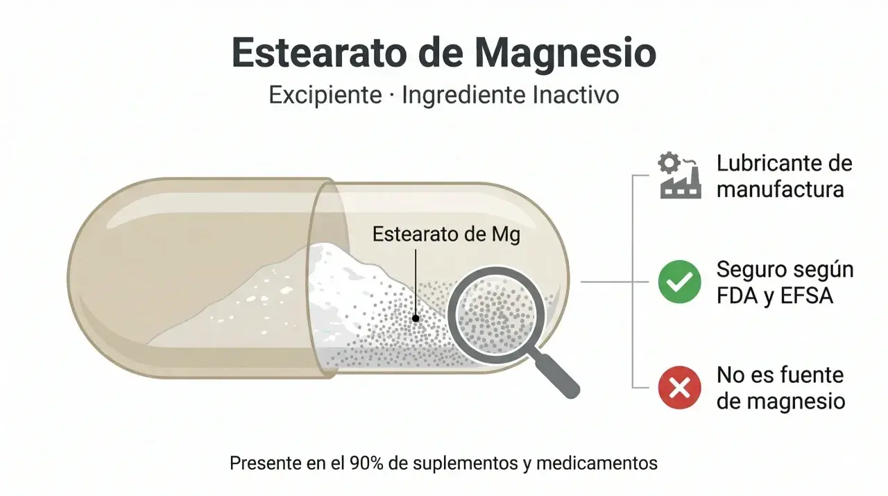 Cápsula abierta mostrando polvo blanco, identificado como estearato de magnesio, un lubricante de manufactura seguro.