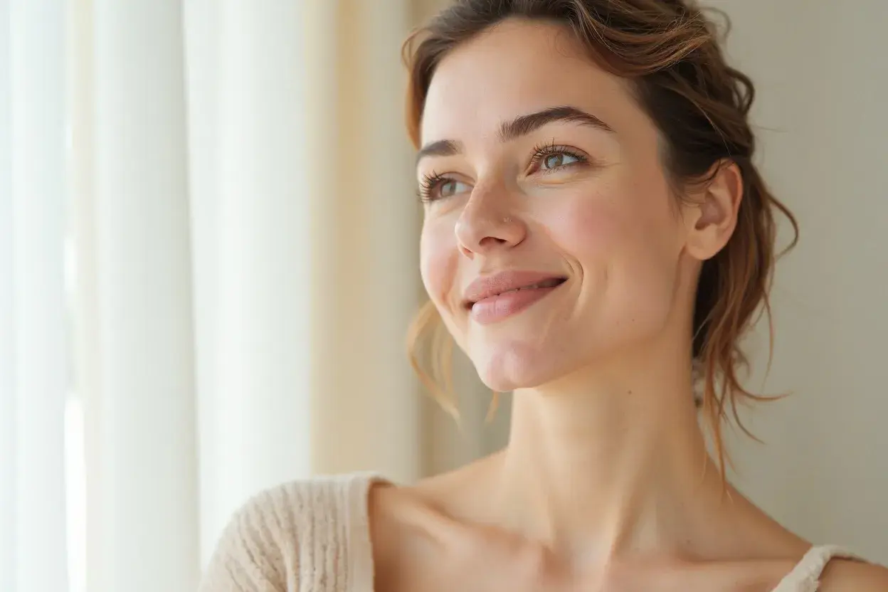Mujer sonríe, con piel radiante y luminosa, como si hubiera decidido tomar ácido hialurónico para un brillo natural.