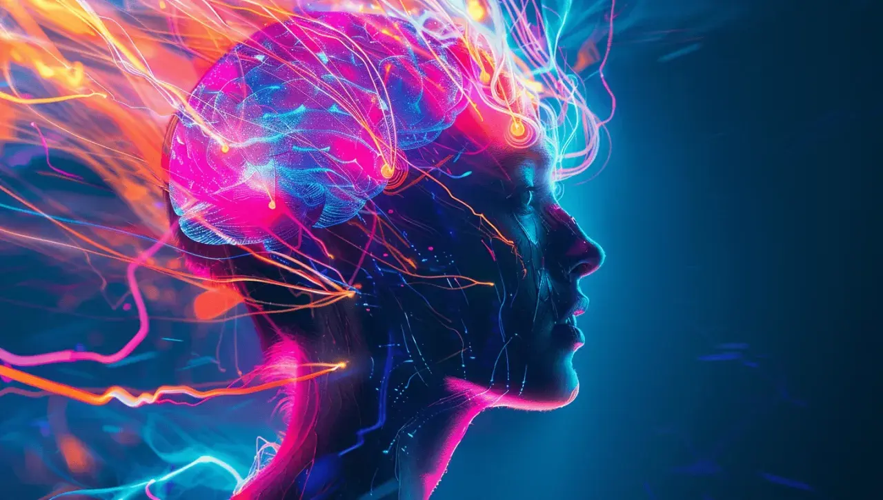 Perfil de una cabeza humana con un cerebro brillante y líneas de energía de neón. La colina para que sirve se representa como la chispa de la creatividad y el conocimiento.