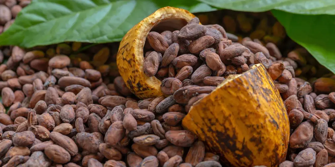 Cacao en grano, con una cáscara partida que revela su interior. Un tesoro natural con innumerables propiedades del cacao.
