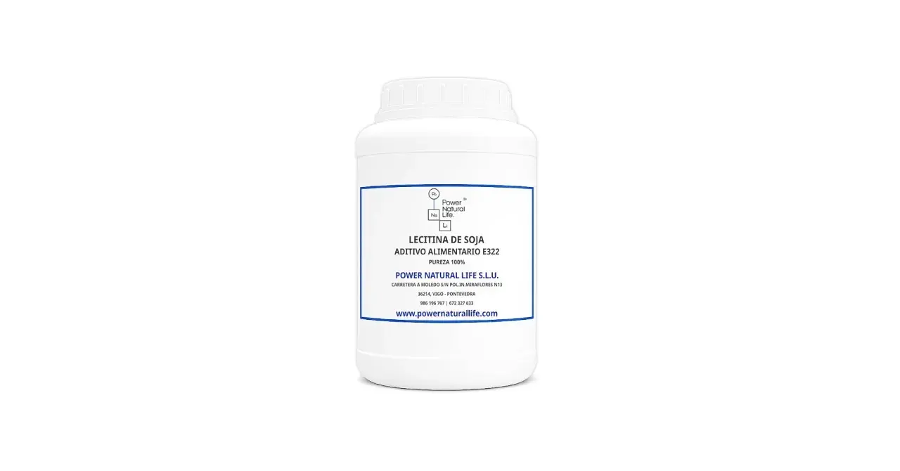 Bote blanco con etiqueta azul. Contiene lecitina de soja, aditivo alimentario E322, 100% pura. Descubre sus propiedades.