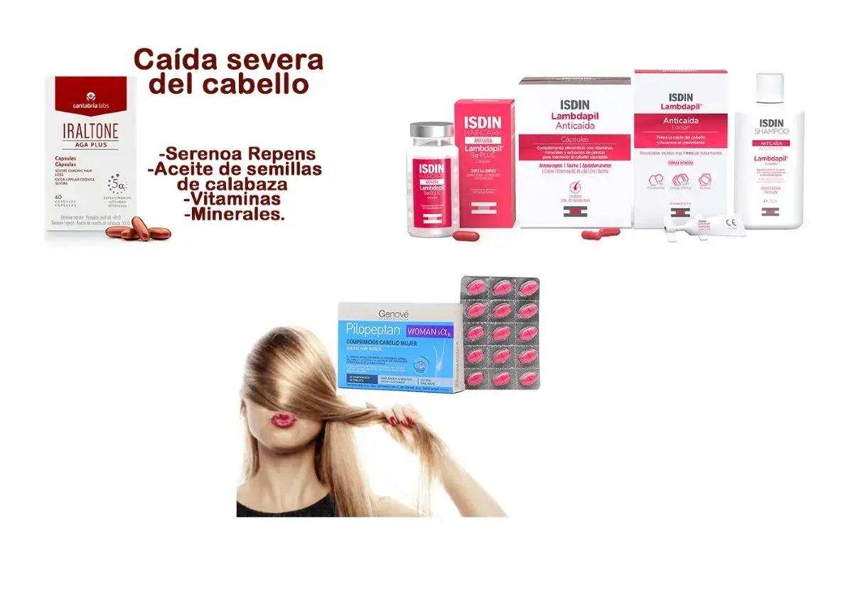Tratamiento para caída severa del cabello con Serenoa Repens, aceite de semillas de calabaza, vitaminas y minerales.