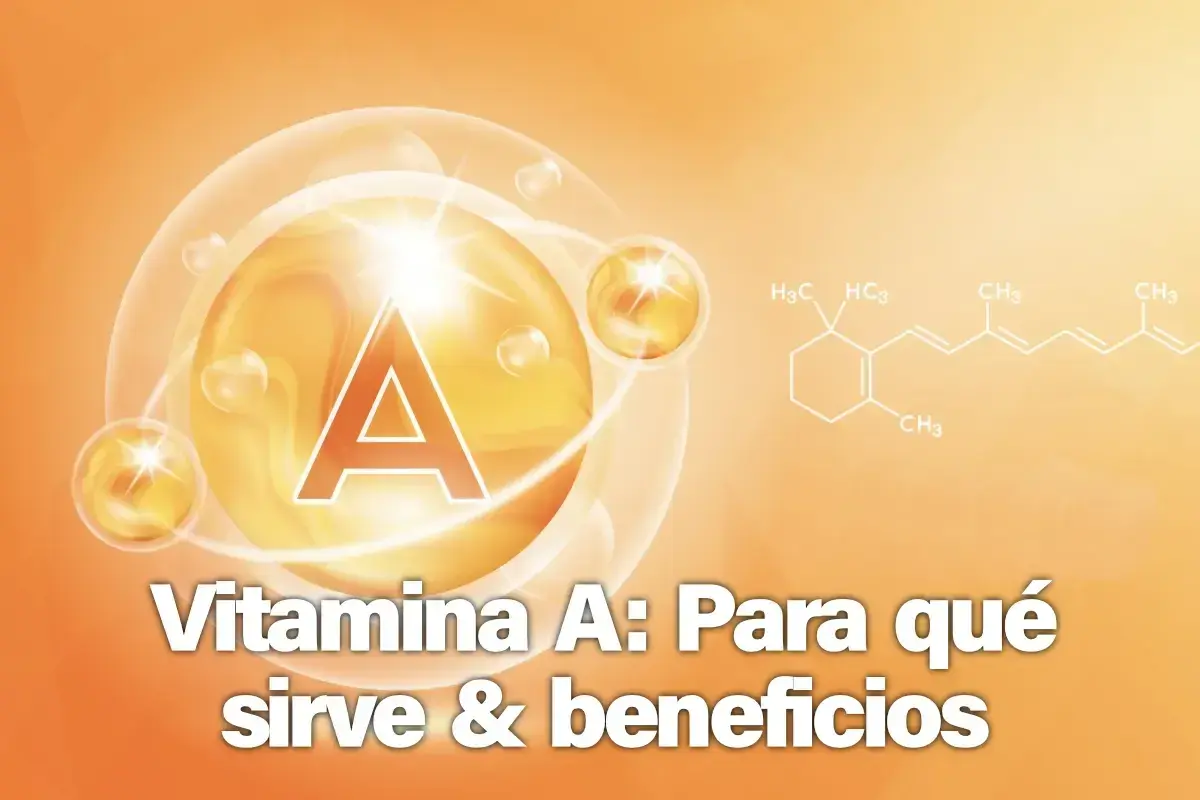Vitamina A: descubre sus beneficios y los alimentos ricos en ella. La imagen muestra la letra "A" dentro de una esfera brillante y una fórmula química.