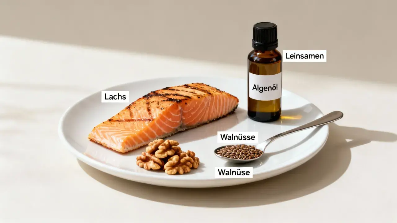 Salmón, nueces, semillas de lino y aceite de algas, fuentes ricas en omega 3, para combatir la falta de omega 3.