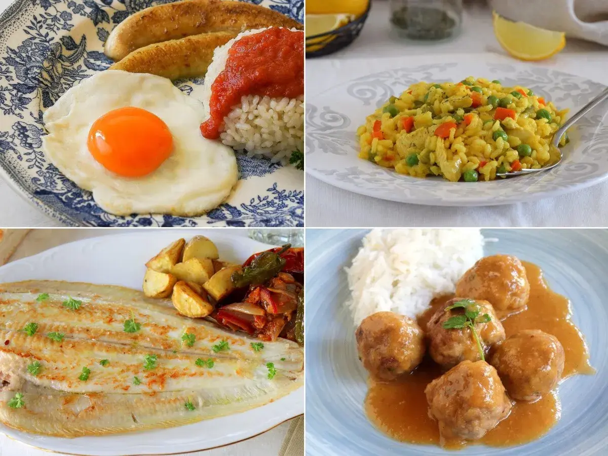 Cuatro platos variados: arroz con verduras, pescado con patatas, albóndigas con arroz y un desayuno con huevo y plátano. ¡Ideas para almuerzos saludables niños!