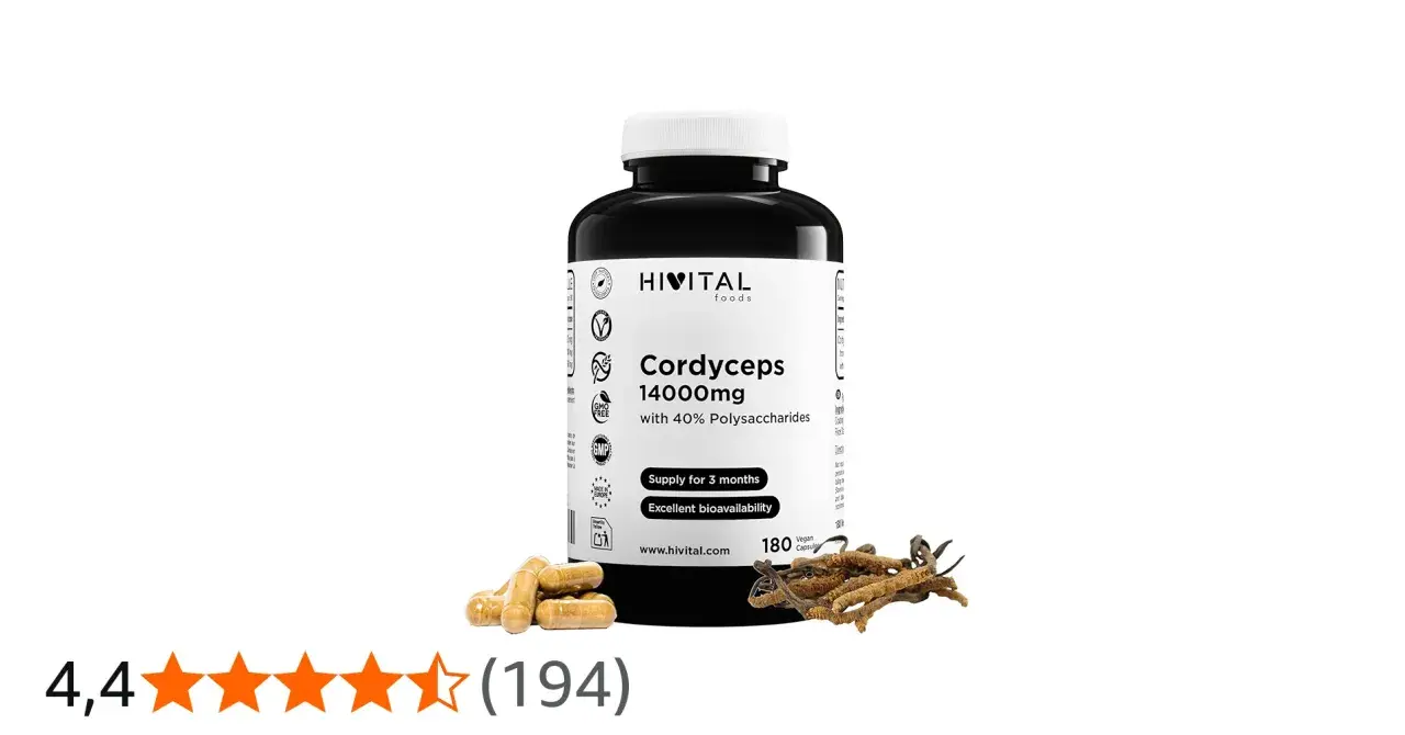 Bote de suplemento Cordyceps 14000mg, destacando sus cordyceps propiedades y excelente biodisponibilidad. Incluye cápsulas y hongos reales.