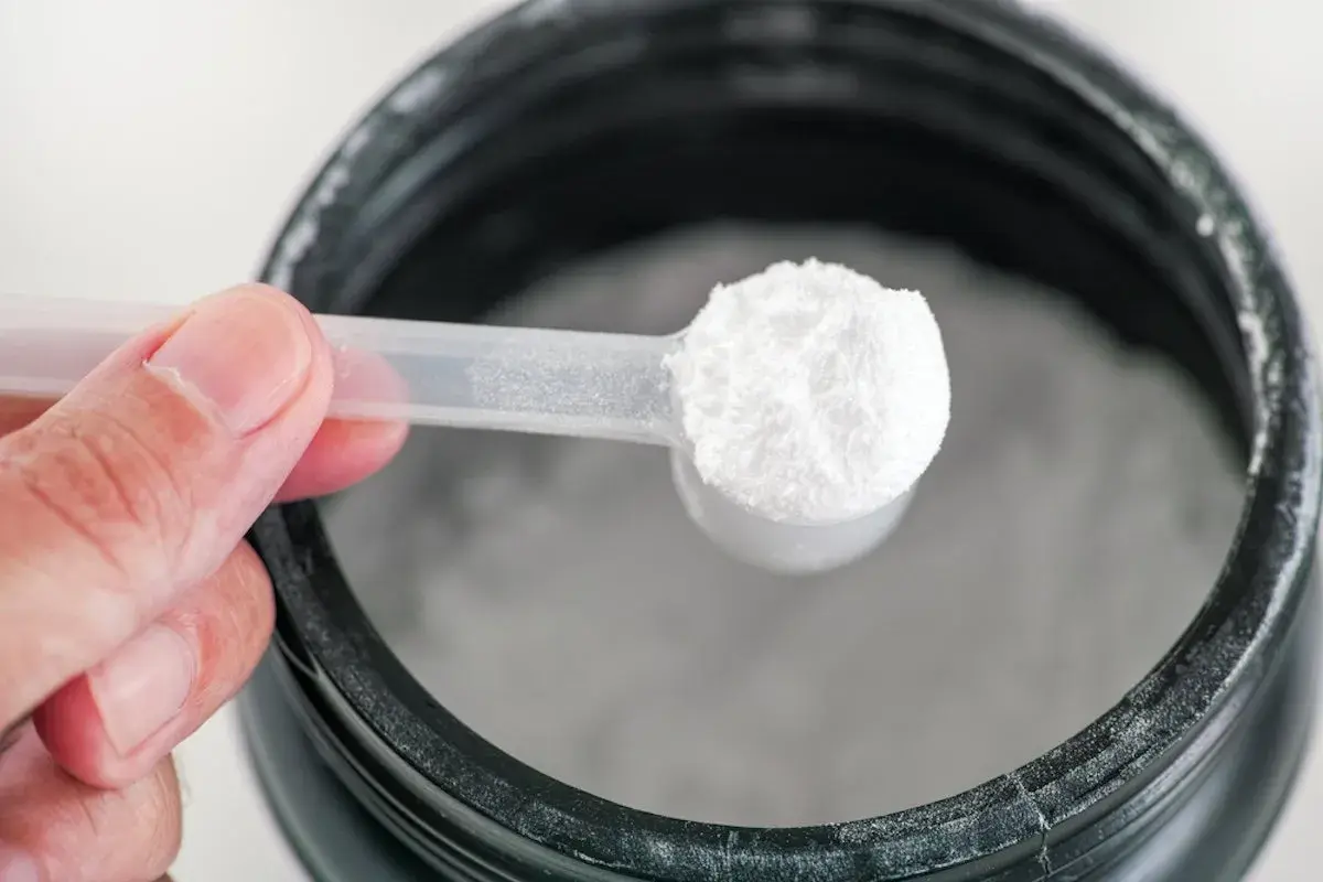 Una cuchara con polvo blanco, posiblemente glutamina para que sirve en la recuperación muscular.