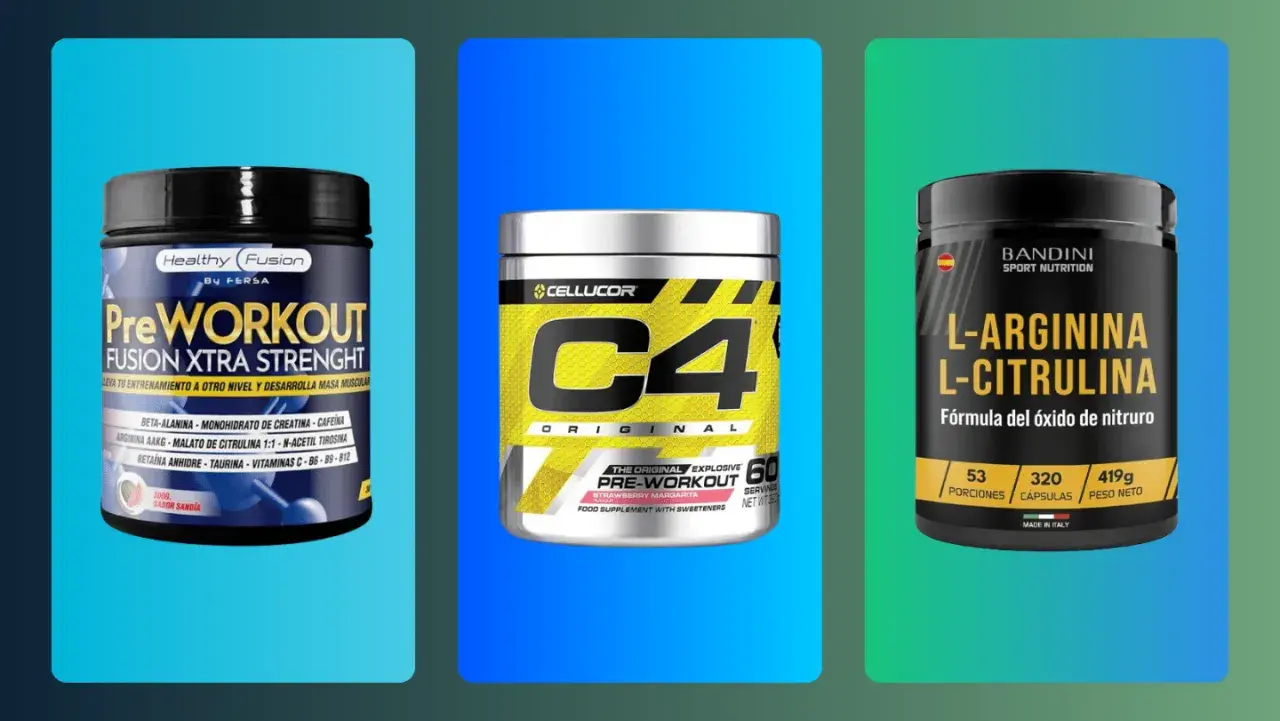 Tres botes de suplementos pre entreno mujer: uno de Healthy Fusion, otro C4 Original y uno de L-Arginina L-Citrulina.