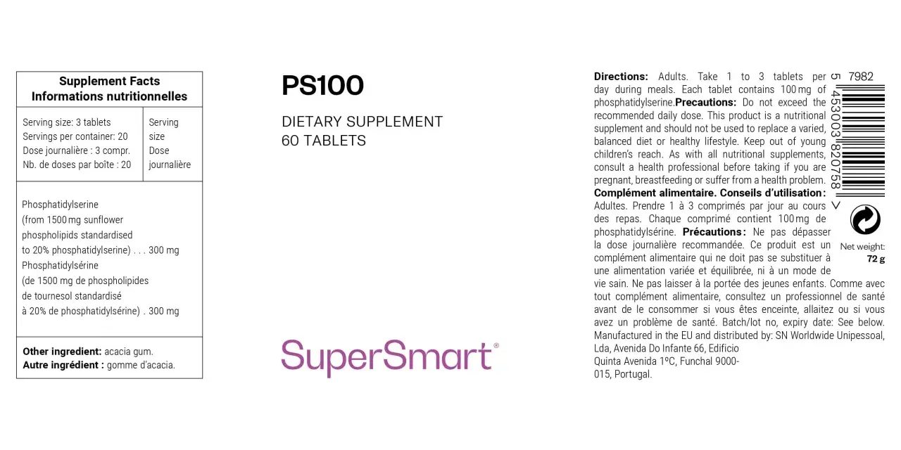 Suplemento PS100 con fosfatidilserina para qué sirve: 60 tabletas, 100mg por tableta. Mejora la función cognitiva.