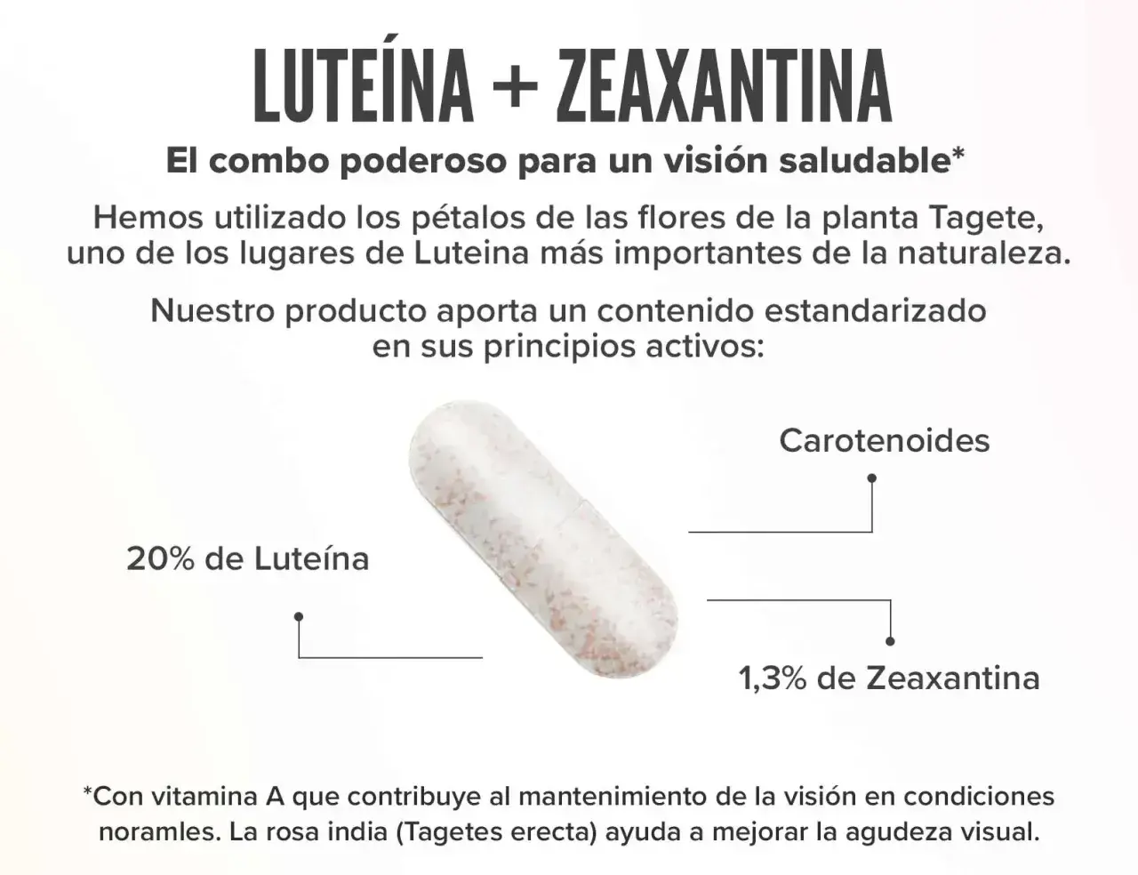 Cápsula con luteína y zeaxantina, carotenos extraídos de la flor de Tagete para una visión saludable.