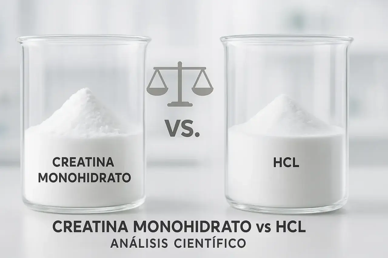 Dos vasos de precipitados con montículos de polvo blanco. Uno dice "CREATINA MONOHIDRATO", el otro "HCL". Una balanza y "VS." en el centro. Comparativa de tipos de creatina.
