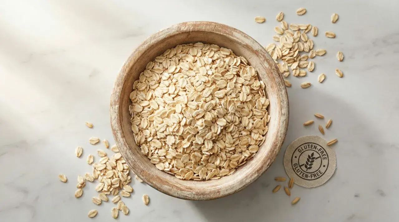 Un cuenco de madera lleno de copos de avena, con algunos esparcidos alrededor. Un sello indica "Gluten-Free", pero la avena tiene gluten.