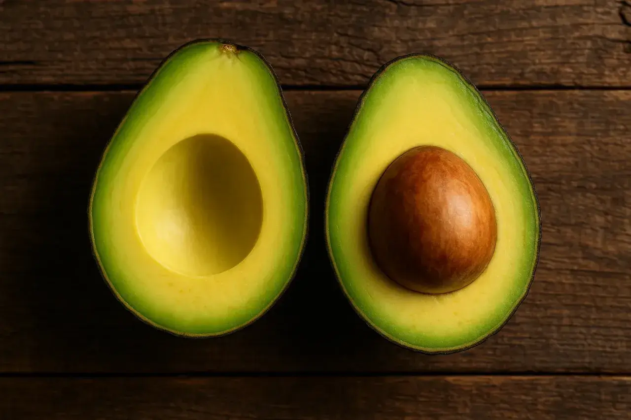 Dos mitades de aguacate sobre madera. Una sin hueso, la otra con su gran semilla marrón. ¡Un tesoro de grasas saludables y pocas calorías aguacate!