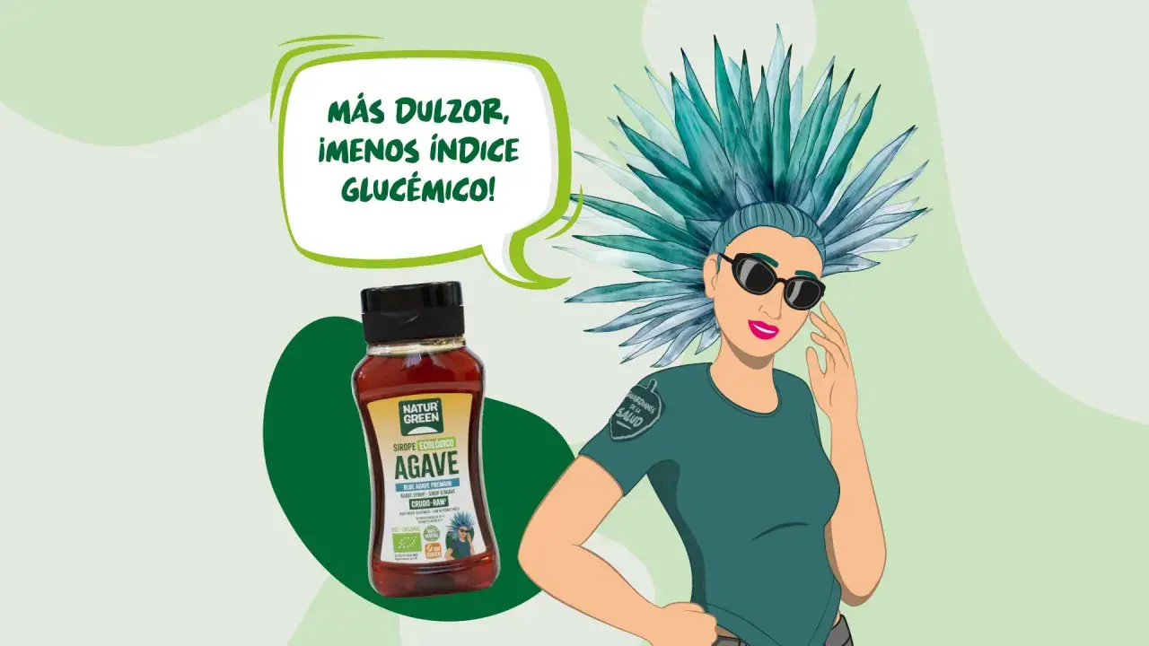Botella de sirope de agave ecológico junto a una mujer con peinado de agave. "Más dulzor, ¡menos índice glucémico!