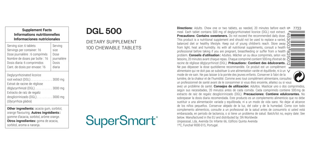 DGL 500: 100 tabletas masticables con extracto de raíz de regaliz desglicirrinizado (DGL).