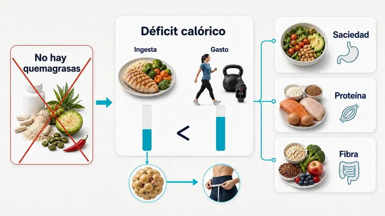 Ilustración sobre déficit calórico: ingesta menor que gasto, promoviendo saciedad, proteína y fibra.
