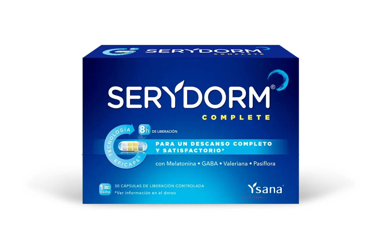 Caja de Serydorm Complete, con Melatonina, GABA y Valeriana para un descanso.