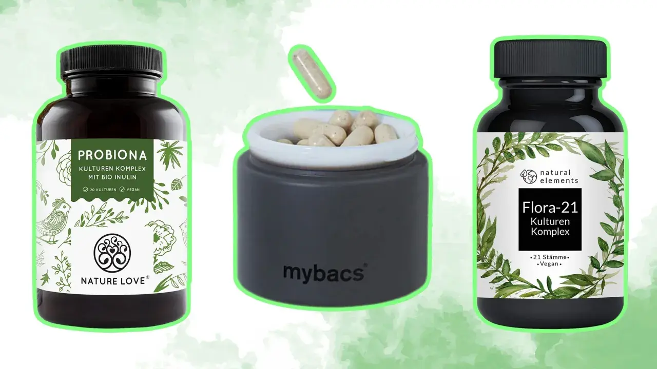 Tres frascos de probióticos y cápsulas. Descubre cuándo tomar probióticos para tu bienestar.