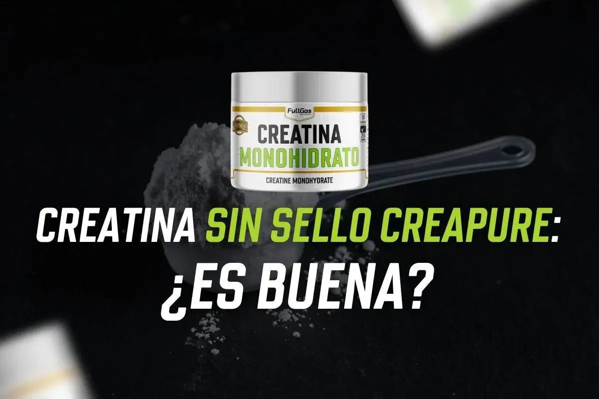 Un envase de creatina monohidrato en polvo sobre una cuchara. Texto: "Creatina sin sello Creapure: ¿es buena?".