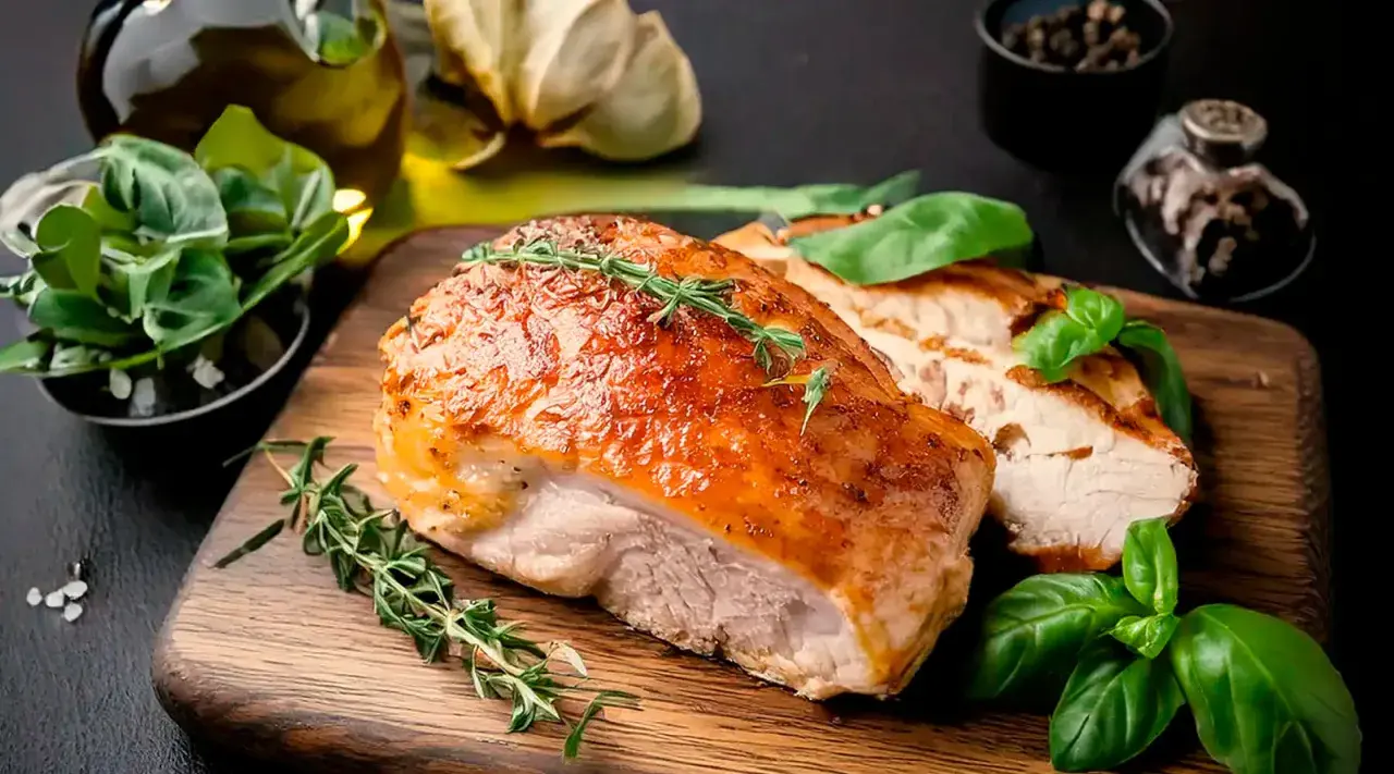 Jugosa carne de pavo asada, dorada y tierna, servida con hierbas frescas y especias.