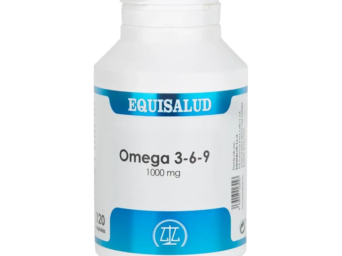 Bote blanco de Equisalud con etiquetas azules. Contiene cápsulas de Omega 3-6-9 de 1000 mg.