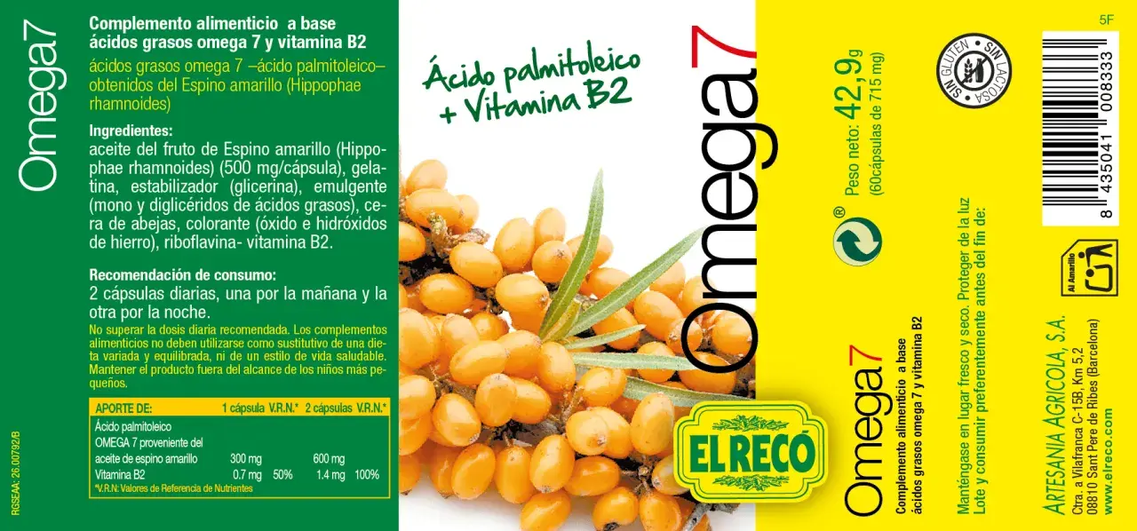 Aceite de espino amarillo, fuente de omega 7, en cápsulas con vitamina B2. El producto "Omega 7" de El Reco.
