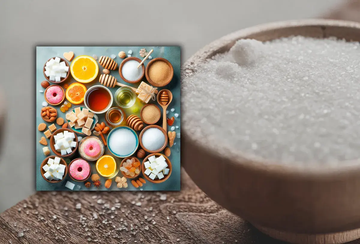 Dulces y frutas, ¿buscas un edulcorante más sano? Miel, naranjas y cubos de azúcar.