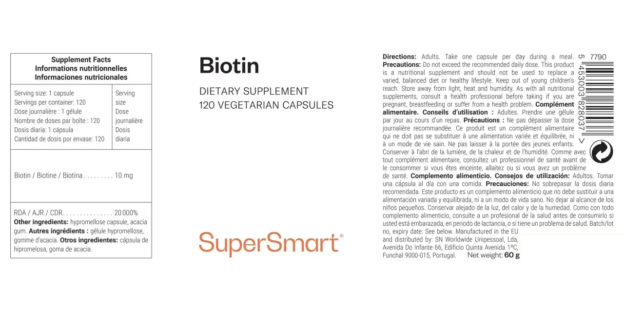Suplemento de biotina (vitamina B7) en cápsulas vegetarianas. Ideal para quienes buscan alimentos que aporten esta vitamina.
