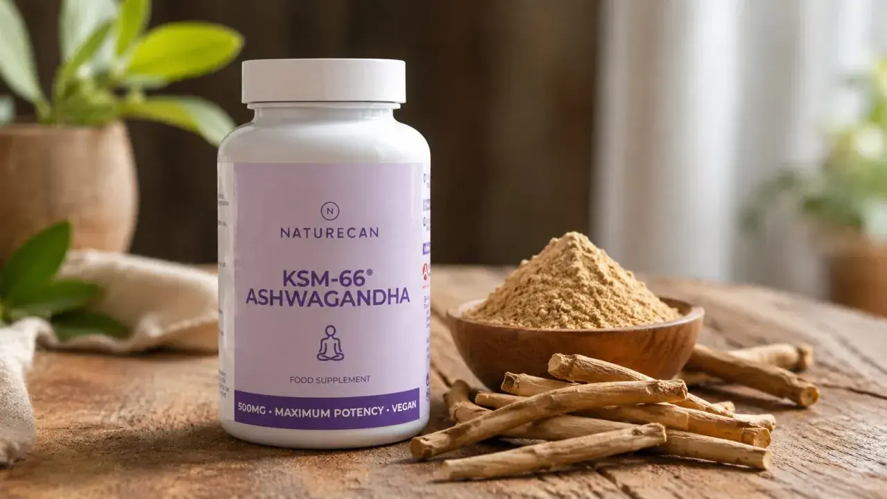 Frasco de KSM-66 Ashwagandha, polvo y raíces en un tazón de madera. Aprende como tomar ashwagandha para tu bienestar.