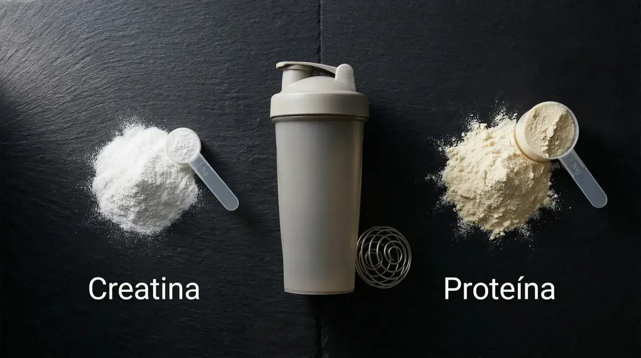 Montaje de creatina y proteína en polvo junto a un shaker. Ideal para tus entrenamientos.