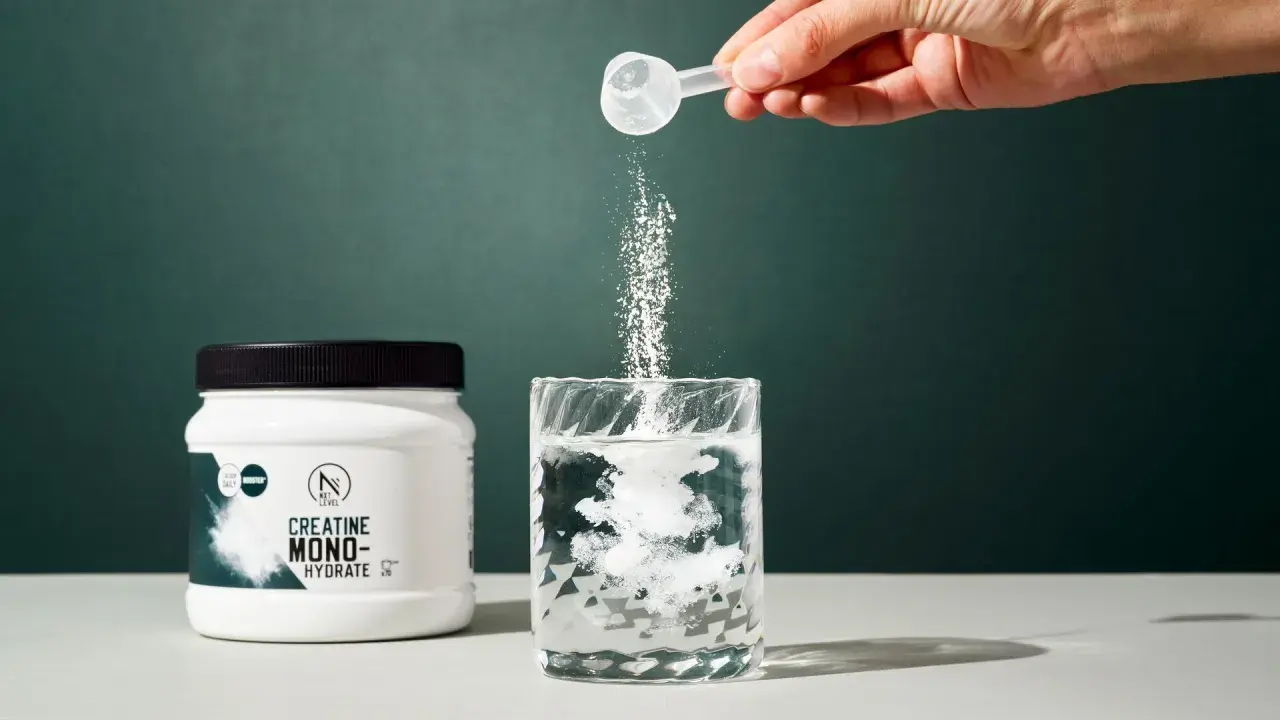 Un tarro de creatina monohidratada junto a un vaso donde se disuelve el polvo. Ideal para quienes buscan mejorar su rendimiento y apoyar la creatina para adelgazar.