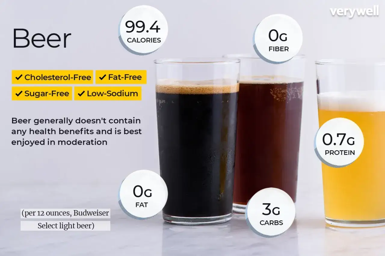 Tres vasos de cerveza, uno oscuro y dos m&aacute;s claros, muestran informaci&oacute;n nutricional. Aunque la cerveza engorda, esta informaci&oacute;n detalla calor&iacute;as y carbohidratos.