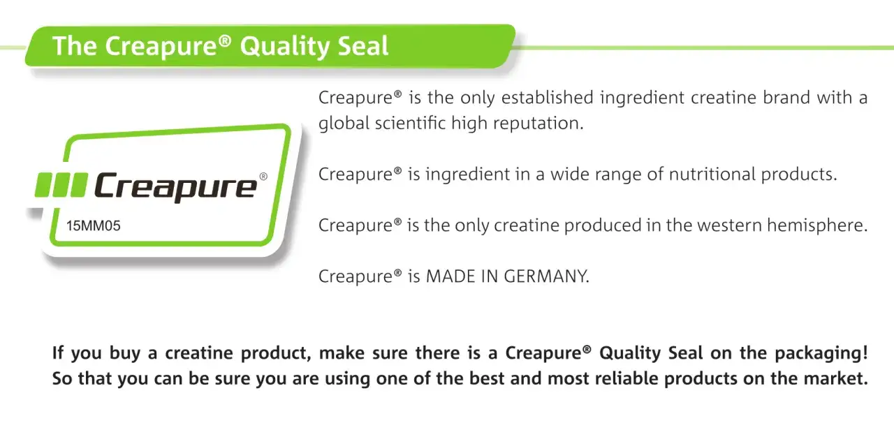 Sello de Calidad Creapure: la diferencia entre creatina monohidrato y Creapure radica en su origen alem&aacute;n y reputaci&oacute;n cient&iacute;fica.