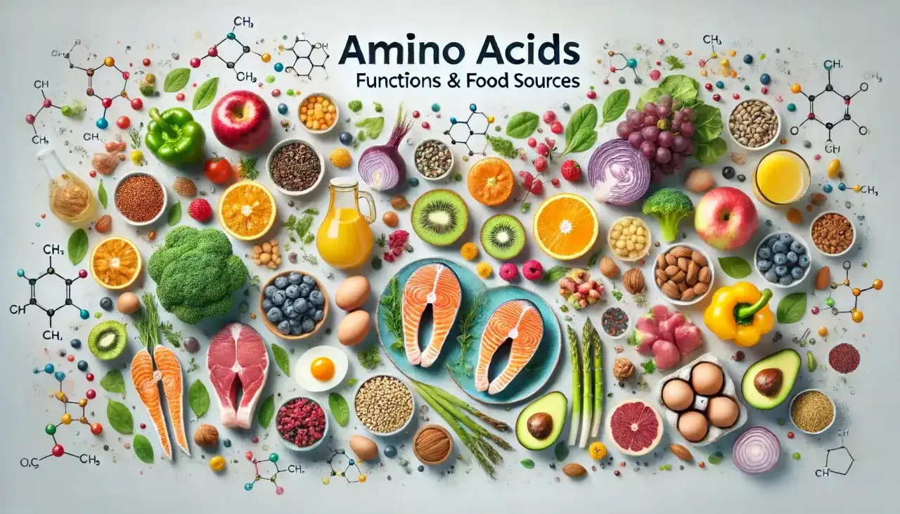 Variedad de alimentos como salmón, frutas, verduras y frutos secos, junto a fórmulas químicas, ilustrando fuentes de aminoácidos ramificados.