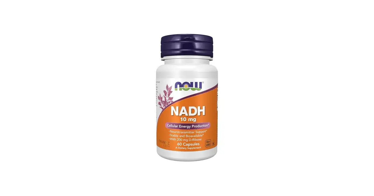 Frasco de suplemento NOW&reg; NADH 10 mg, promueve la producci&oacute;n de energ&iacute;a celular y el soporte de neurotransmisores.